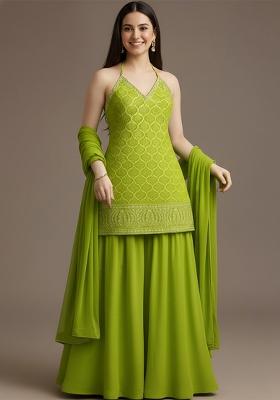 Parrot Green Embellished Net Lehenga Set