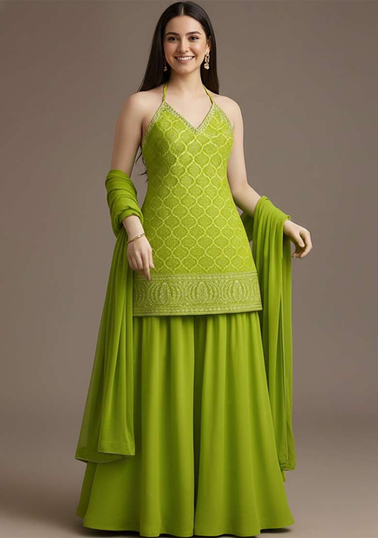 Parrot Green Embellished Net Lehenga Set for Diwali and Festive Wear - Indya