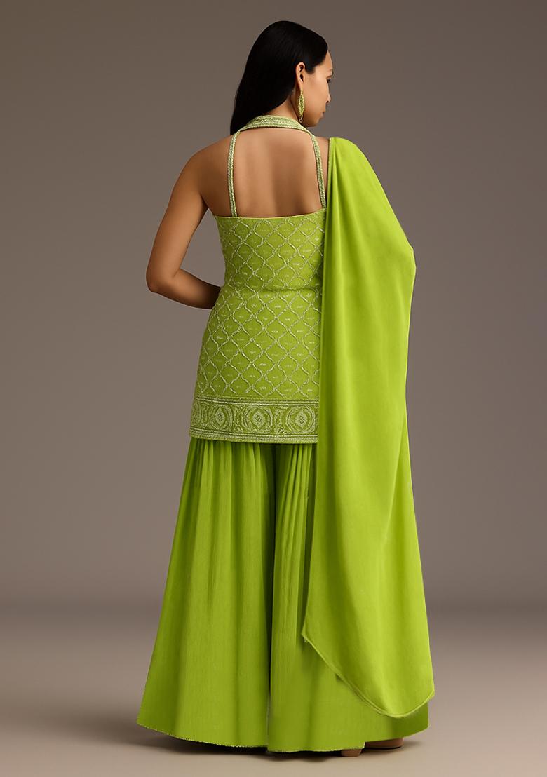 Parrot Green Embellished Net Lehenga Set - Indya