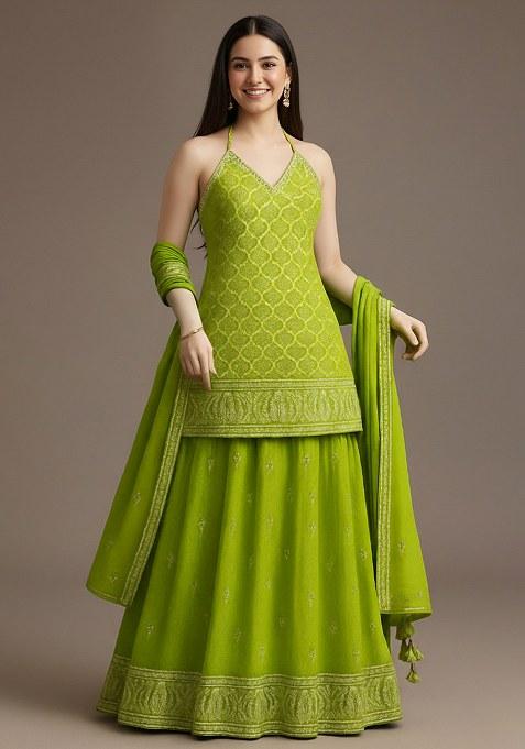 Parrot Green Embellished Net Pre Draped Saree Set