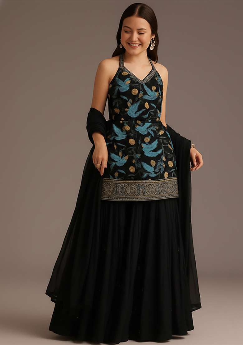 Black Printed Poly Blend Lehenga Set - Indya