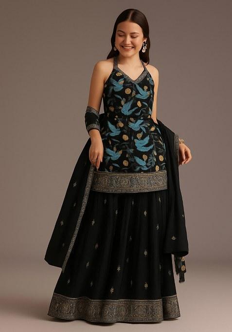 Black Printed Poly Blend Pre Draped Saree Set