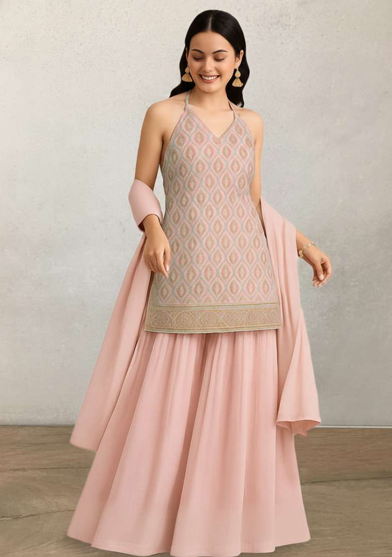 Light Pink Floral Printed Silk Blend Sharara Set - Indya