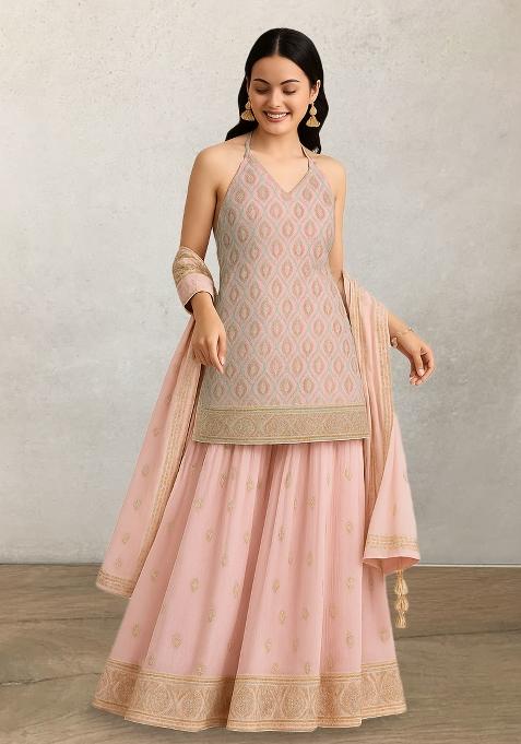 Light Pink Floral Printed Silk Pre Draped Saree Set