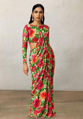 Multicolor Floral Printed Poly Blend Pre Draped Saree Set