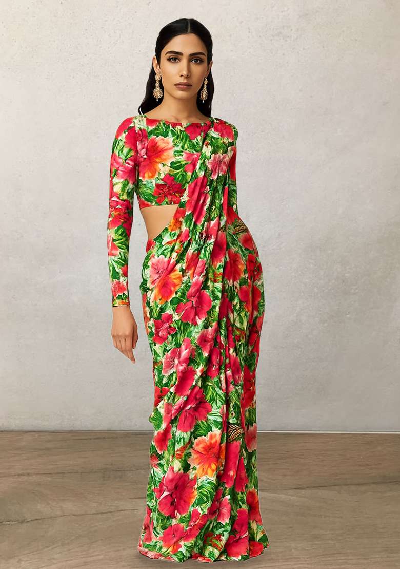 Multicolor Floral Printed Poly Blend Pre Draped Saree Set for Diwali and Festive Wear - Indya