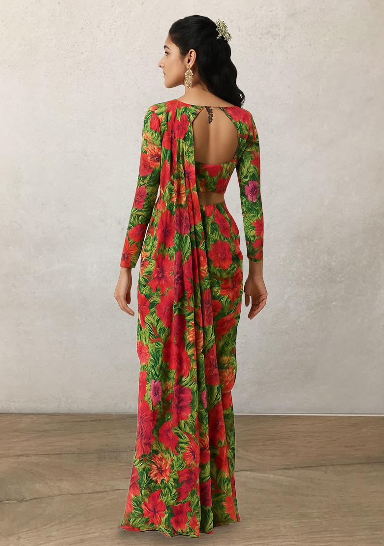 Multicolor Floral Printed Poly Blend Pre Draped Saree Set - Indya