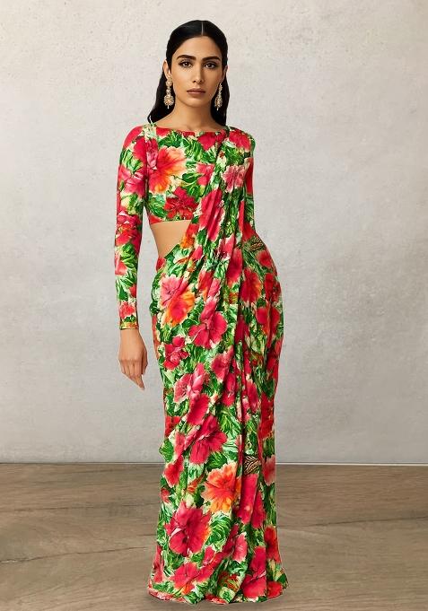 Multicolor Floral Printed Poly Blend Pre Draped Saree Set