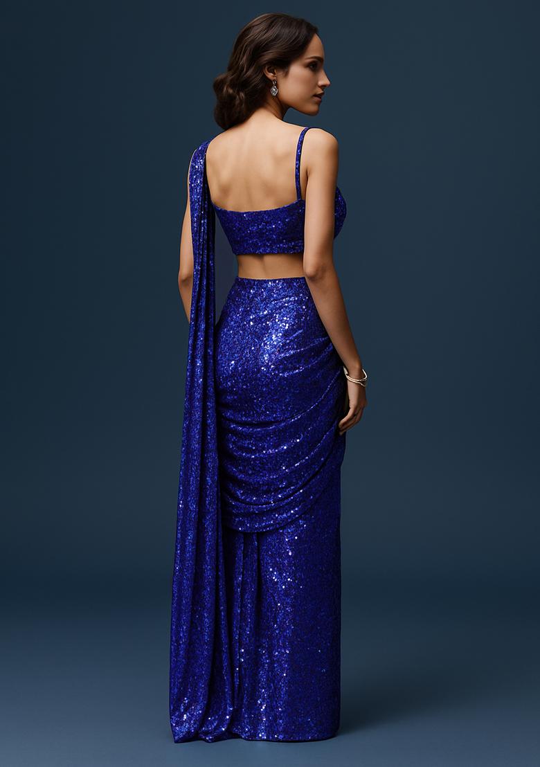 Blue Sequin Net Pre Draped Saree Set - Indya