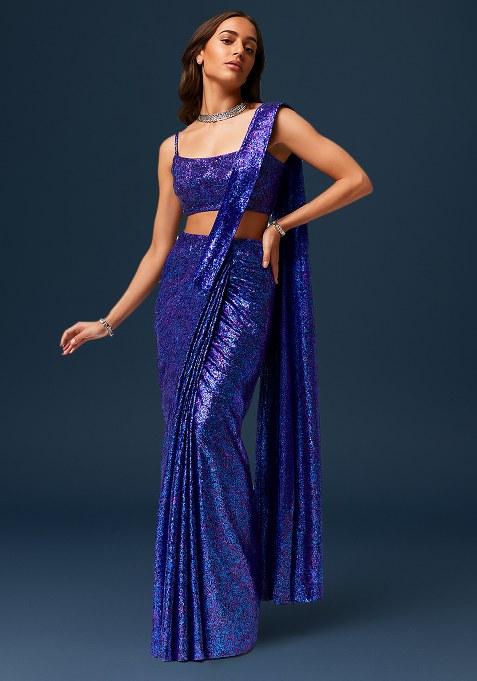 Blue Sequin Net Pre Draped Saree Set