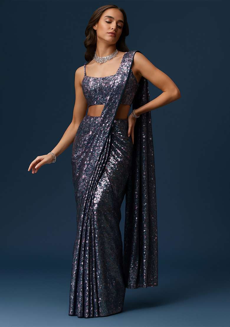 Deep Blue Sequin Net Pre Draped Saree Set for Diwali and Festive Wear - Indya