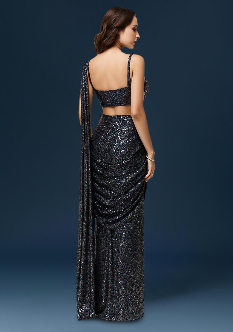 Deep Blue Sequin Net Pre Draped Saree Set - Indya