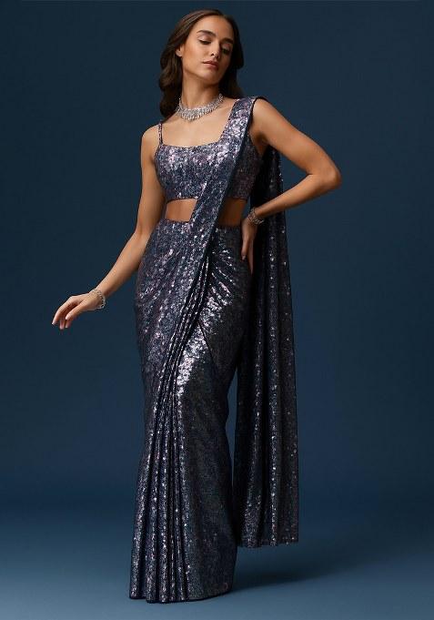 Deep Blue Sequin Net Pre Draped Saree Set