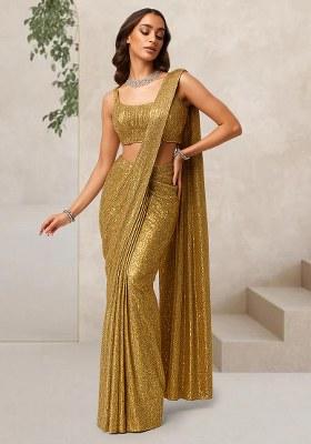 Gold Sequin Net Pre Draped Saree Set