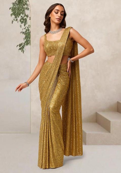 Gold Sequin Net Pre Draped Saree Set