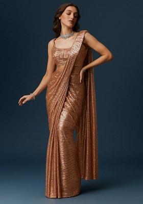 Peach Sequin Net Pre Draped Saree Set