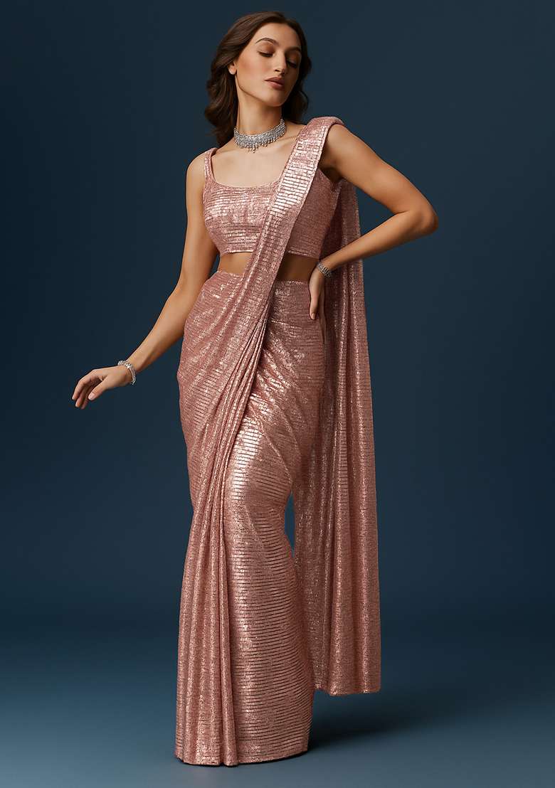 Peach Sequin Net Pre Draped Saree Set - Indya