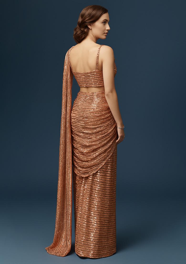 Peach Sequin Net Pre Draped Saree Set - Indya