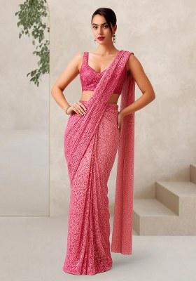Light Pink Sequin Net Pre Draped Saree Set