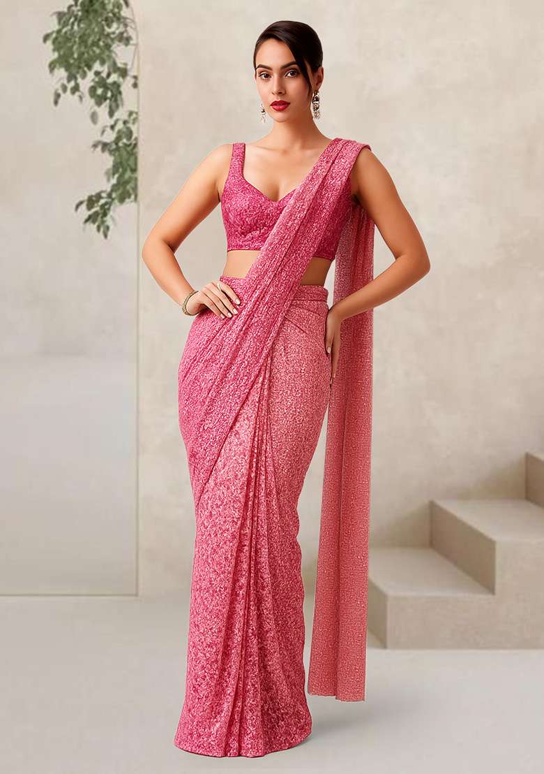 Light Pink Sequin Net Pre Draped Saree Set - Indya
