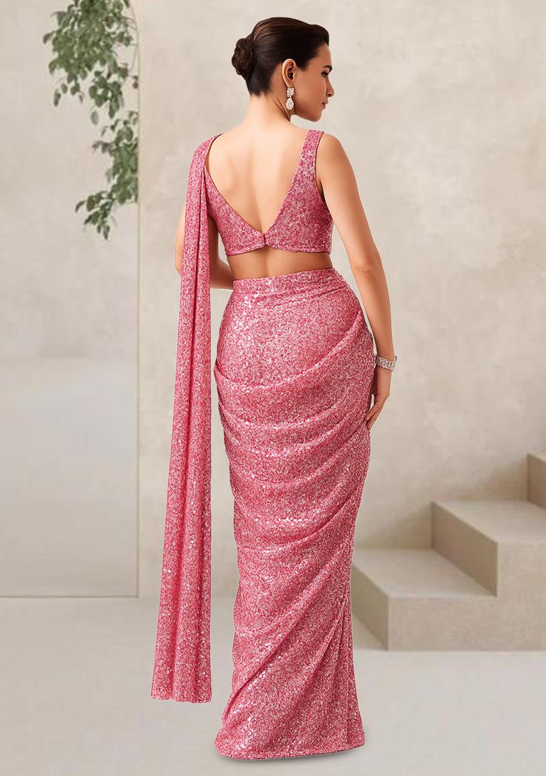 Light Pink Sequin Net Pre Draped Saree Set - Indya