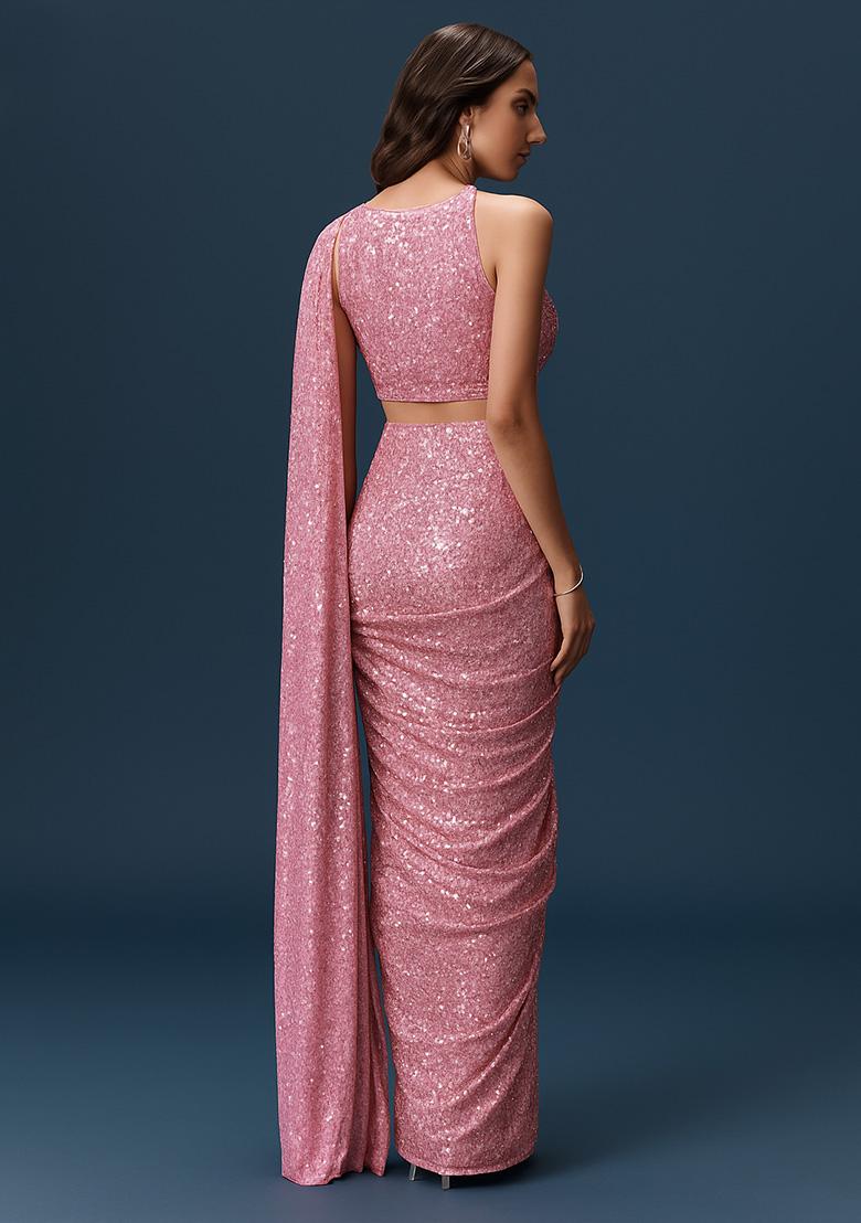 Pink Sequin Net Pre Draped Saree Set - Indya