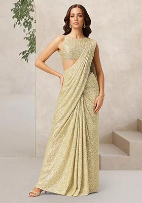 Beige Sequin Net Pre Draped Saree Set