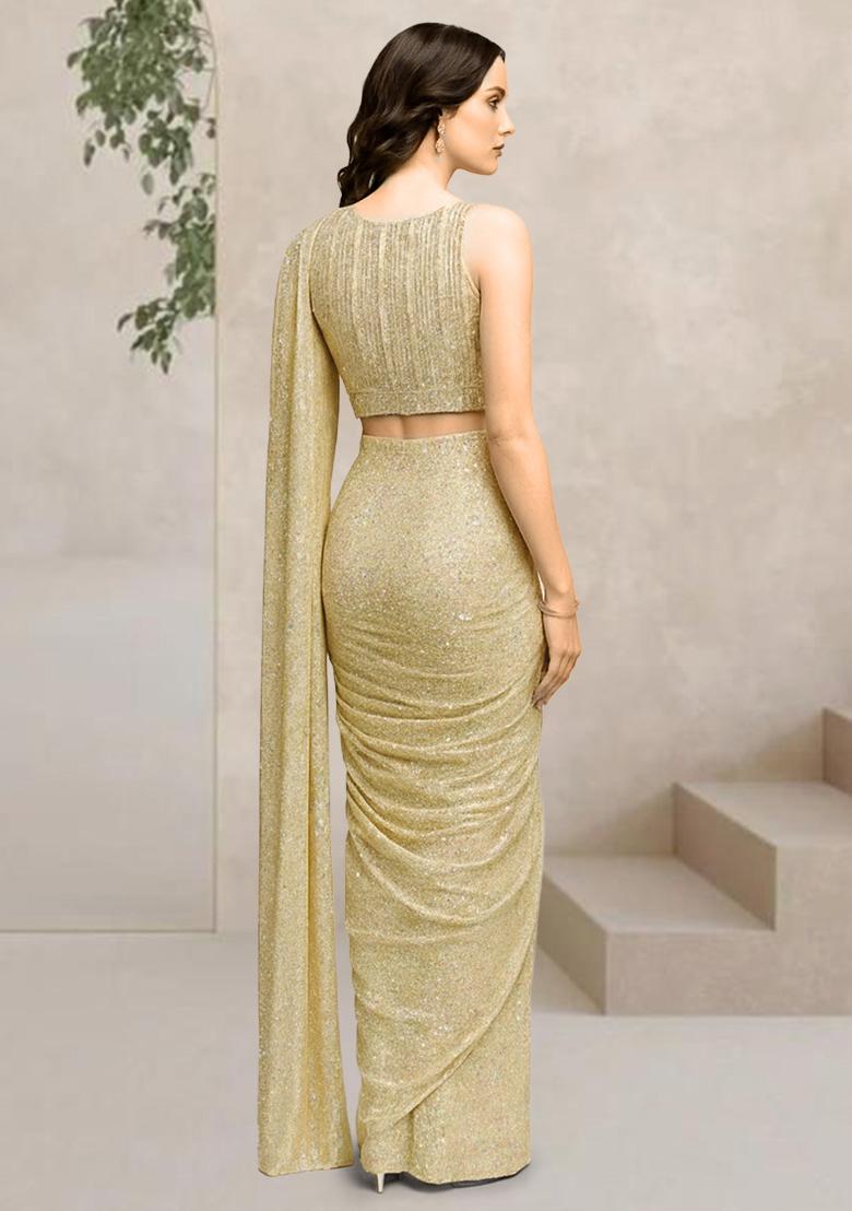 Beige Sequin Net Pre Draped Saree Set - Indya