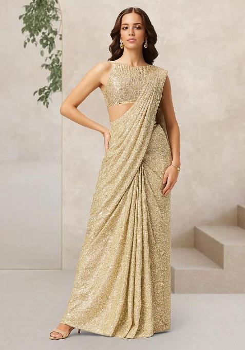 Beige Sequin Net Pre Draped Saree Set