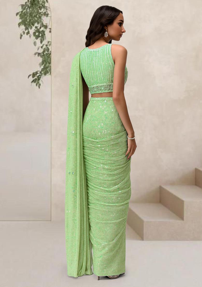 Light Green Sequin Net Pre Draped Saree Set - Indya