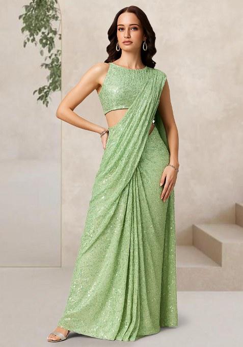 Light Green Sequin Net Pre Draped Saree Set