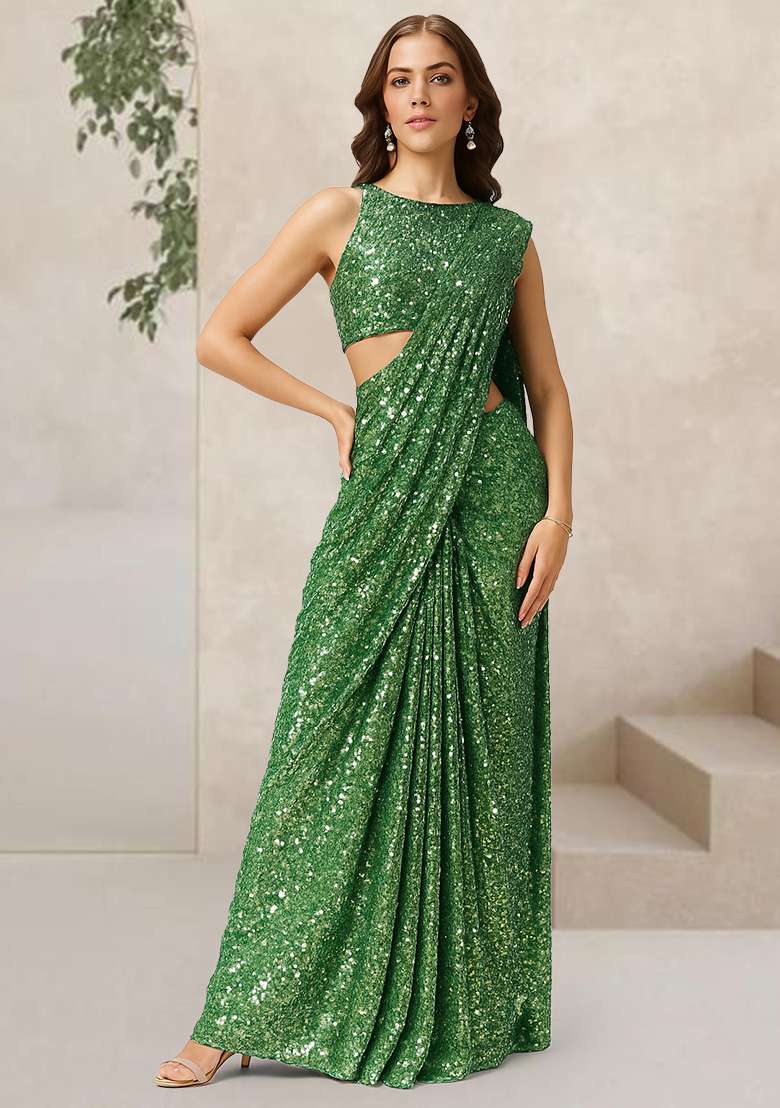 Green Sequin Net Pre Draped Saree Set - Indya