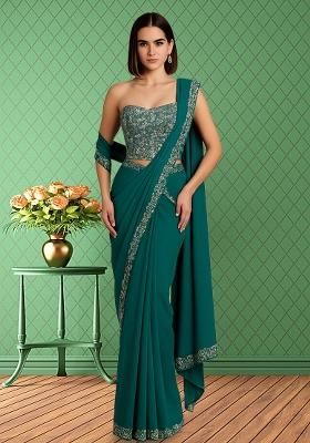 Blue Embroidered Poly Blend Pre Draped Saree Set