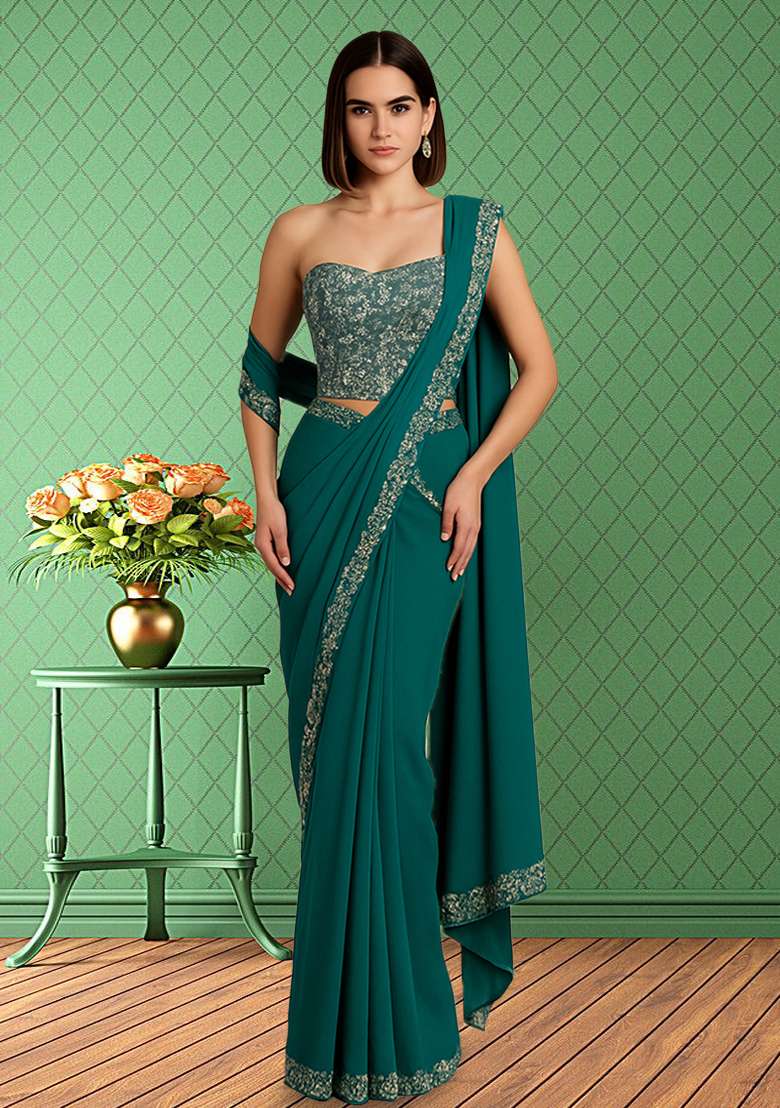 Blue Embroidered Poly Blend Pre Draped Saree Set - Indya