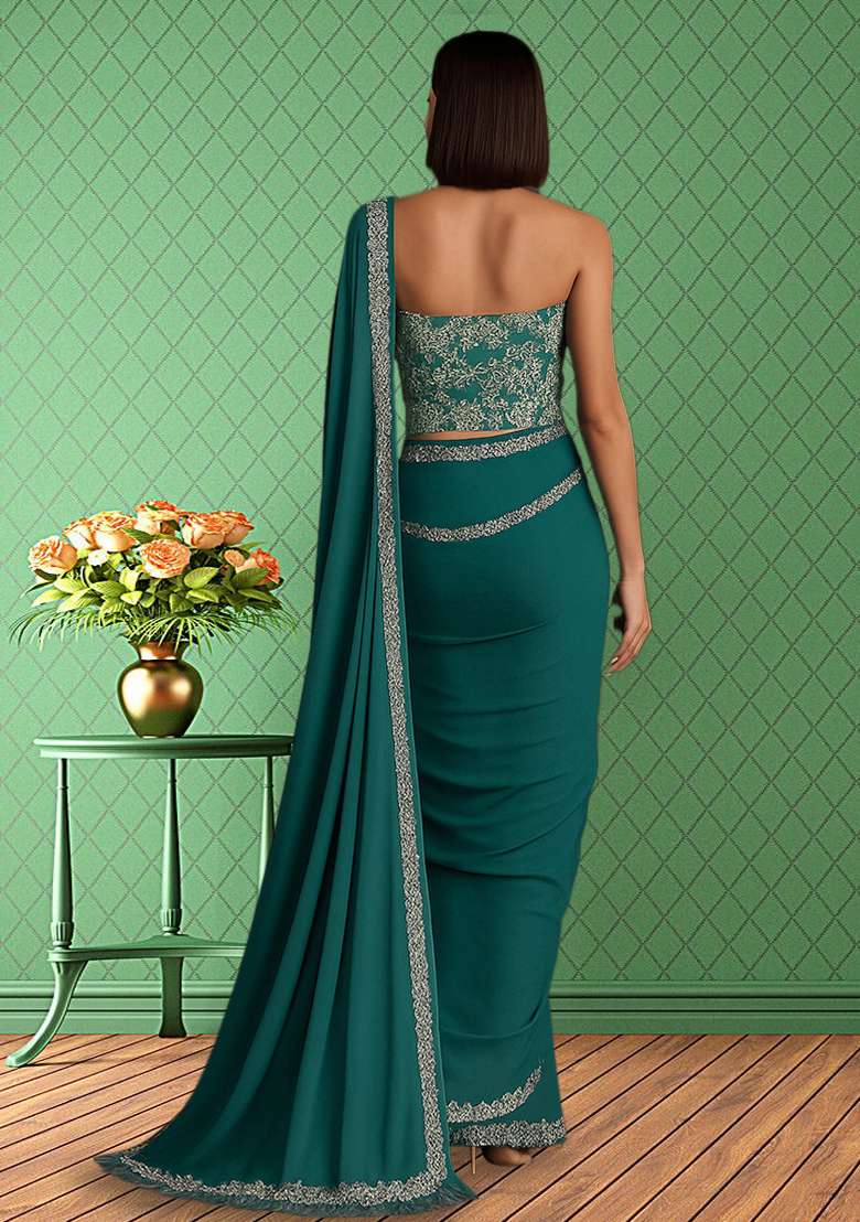 Blue Embroidered Poly Blend Pre Draped Saree Set - Indya