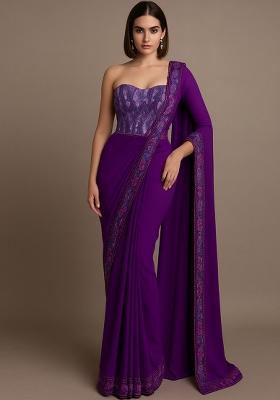 Purple Abstract Print Poly Blend Pre Draped Saree Set