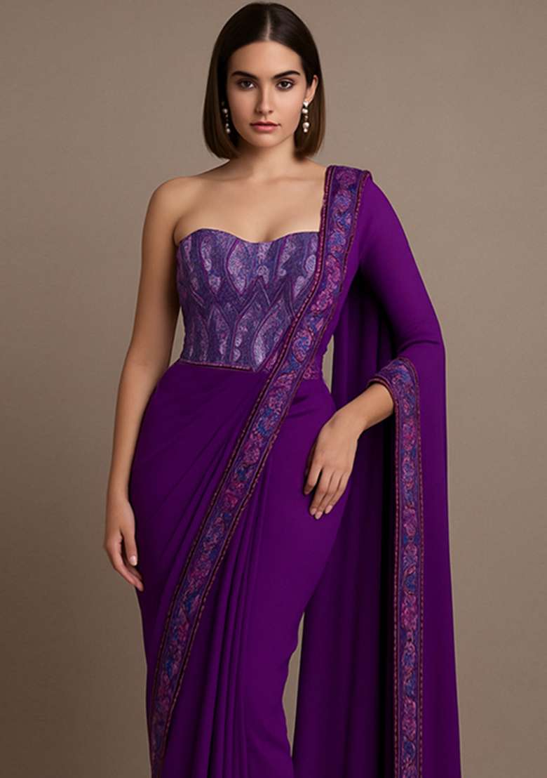 Purple Abstract Print Poly Blend Pre Draped Saree Set - Indya