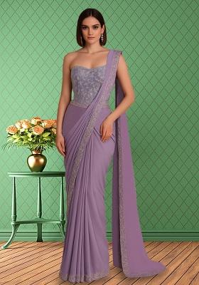 Purple Embroidered Net Pre Draped Saree Set