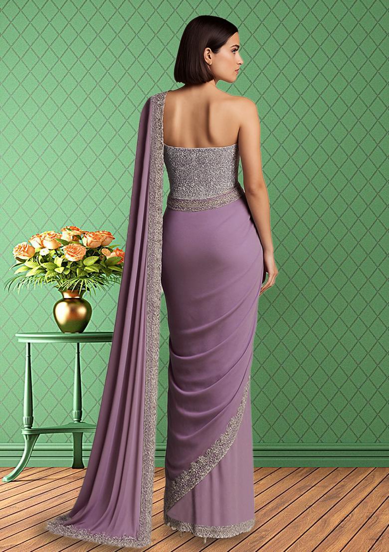 Purple Embroidered Net Pre Draped Saree Set - Indya