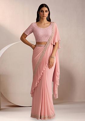 Pink Embroidered Net Pre Draped Saree Set
