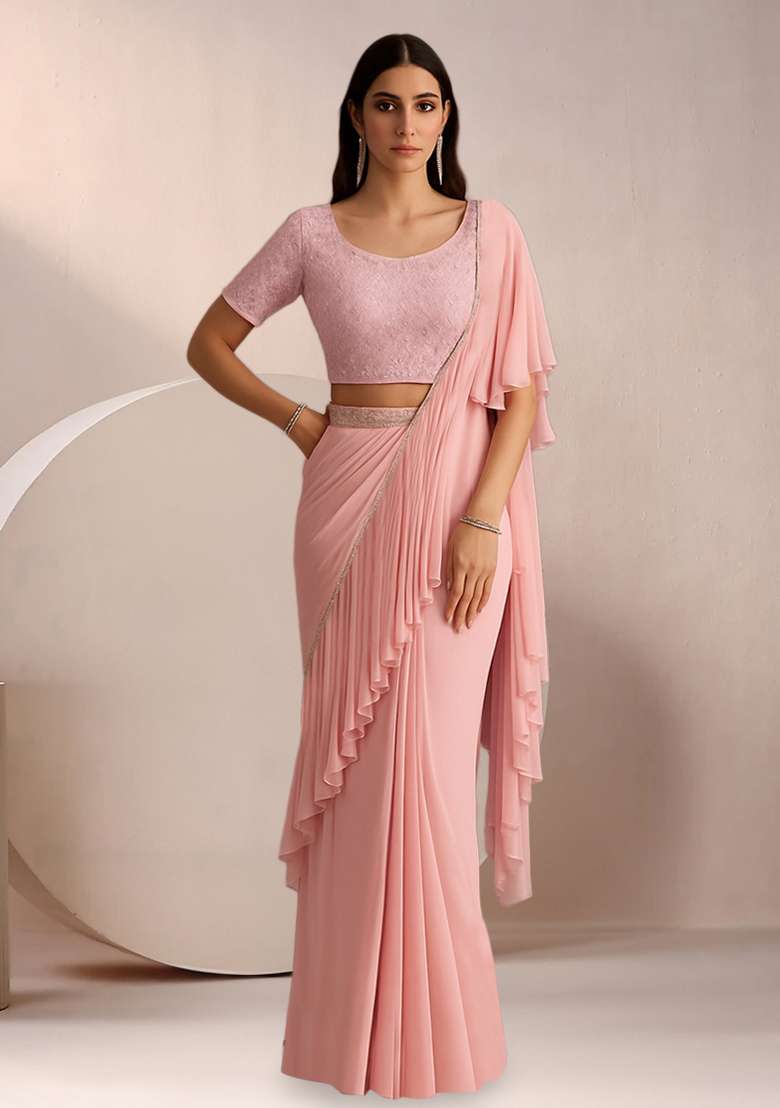 Pink Embroidered Net Pre Draped Saree Set for Diwali and Festive Wear - Indya