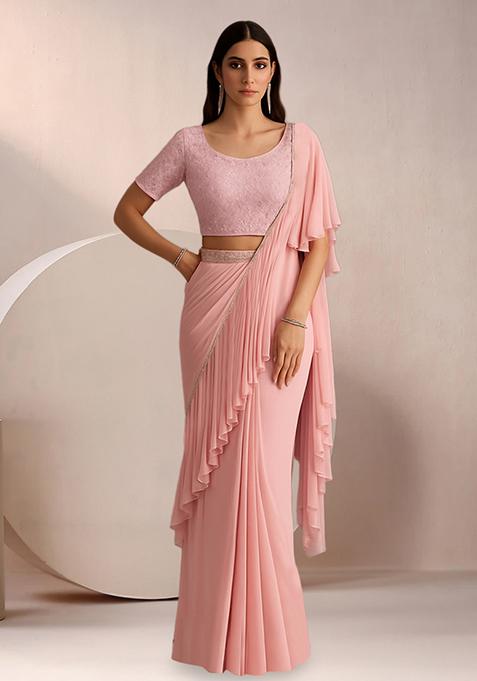 Pink Embroidered Net Pre Draped Saree Set