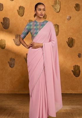 Pink Embroidered Poly Blend Pre Draped Saree Set