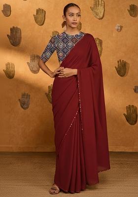Brown Embroidered Poly Blend Pre Draped Saree Set