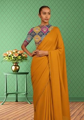 Yellow Embroidered Poly Blend Pre Draped Saree Set