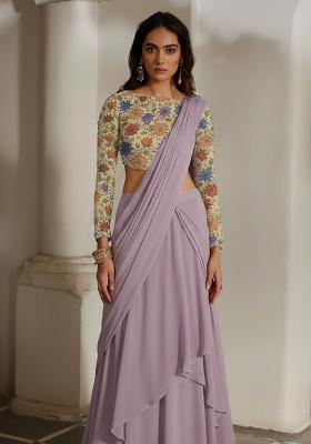 Purple Embroidered Poly Blend Pre Draped Saree Set