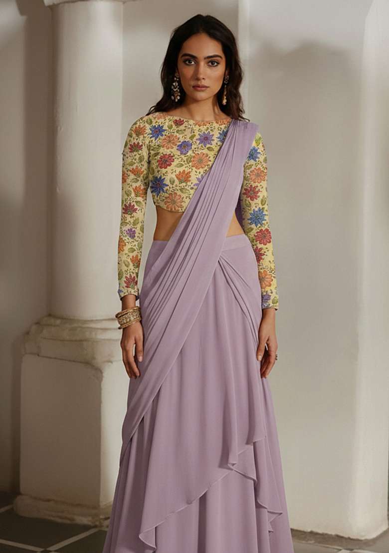 Purple Embroidered Poly Blend Pre Draped Saree Set - Indya