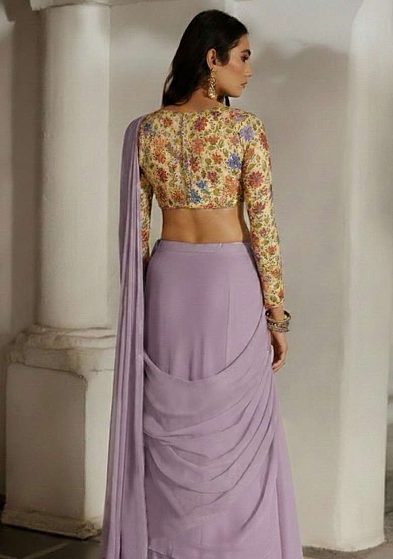 Purple Embroidered Poly Blend Pre Draped Saree Set - Indya