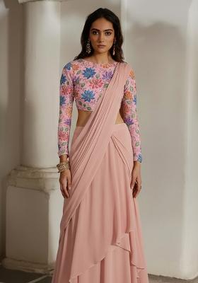 Pink Embroidered Poly Blend Pre Draped Saree Set