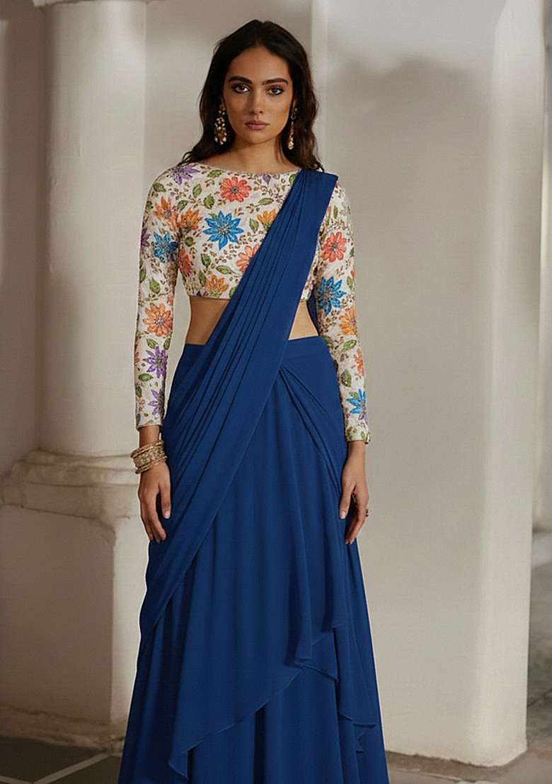 Dark Blue Embroidered Poly Blend Pre Draped Saree Set - Indya